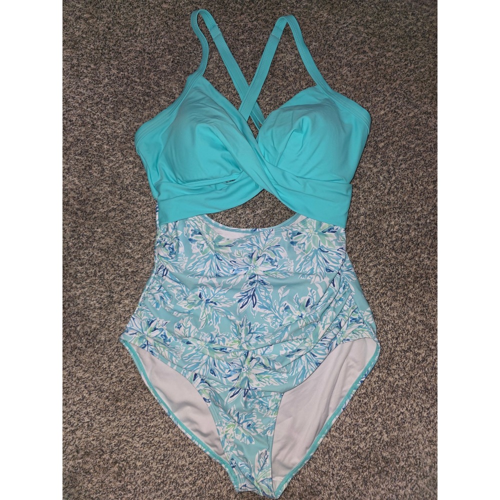 NWT Eomenie Womens Blue Floral Cutout One Piece Swimsuit Ruched Monokini Size L